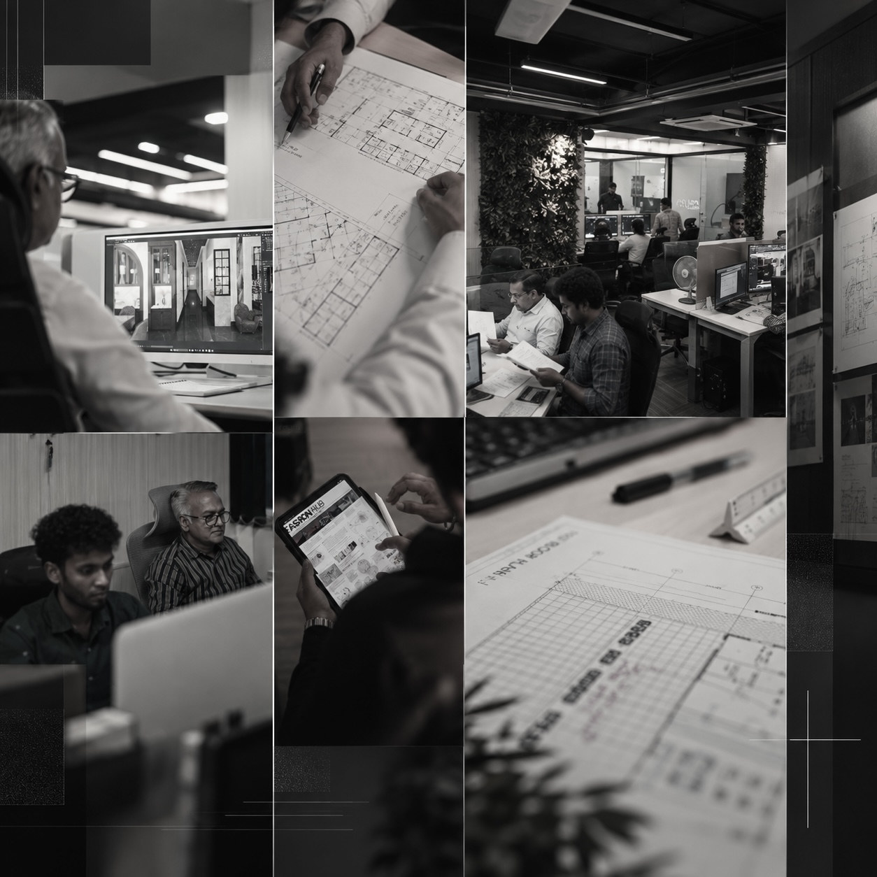 The drawing office at work: drawings on the board, models on screen, and teams reviewing them together