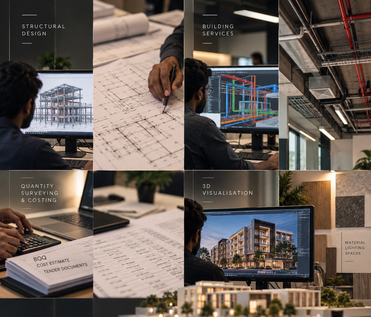 The four disciplines within the practice: structural design, building services, quantity surveying and costing, and 3D visualisation