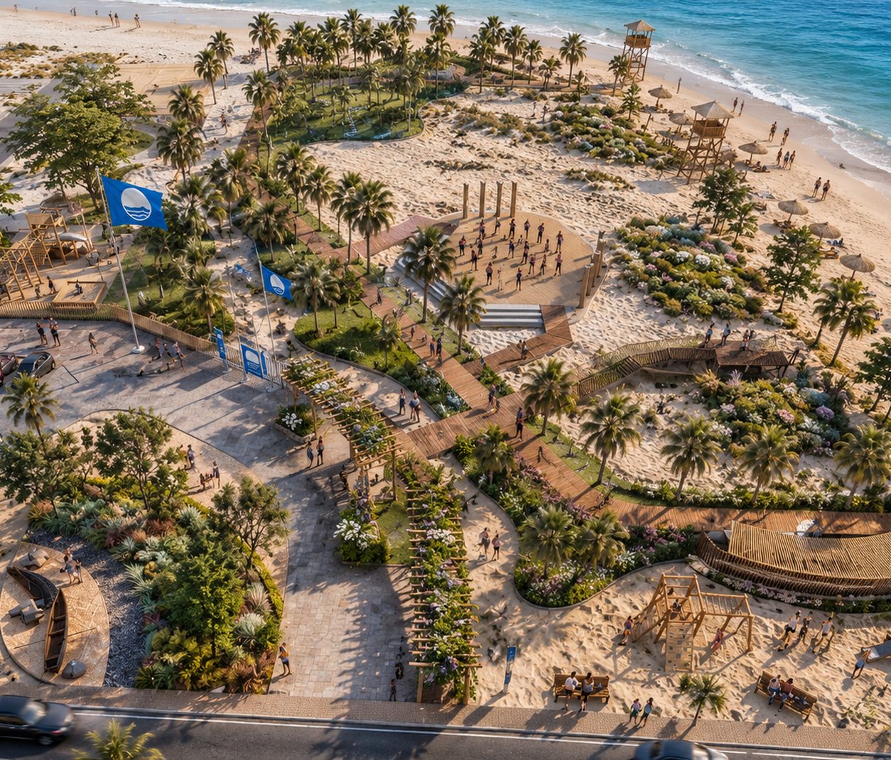Blue Flag Beach at Cuddalore from above: timber boardwalks, palms, a paved gathering circle and a play area beside the sand