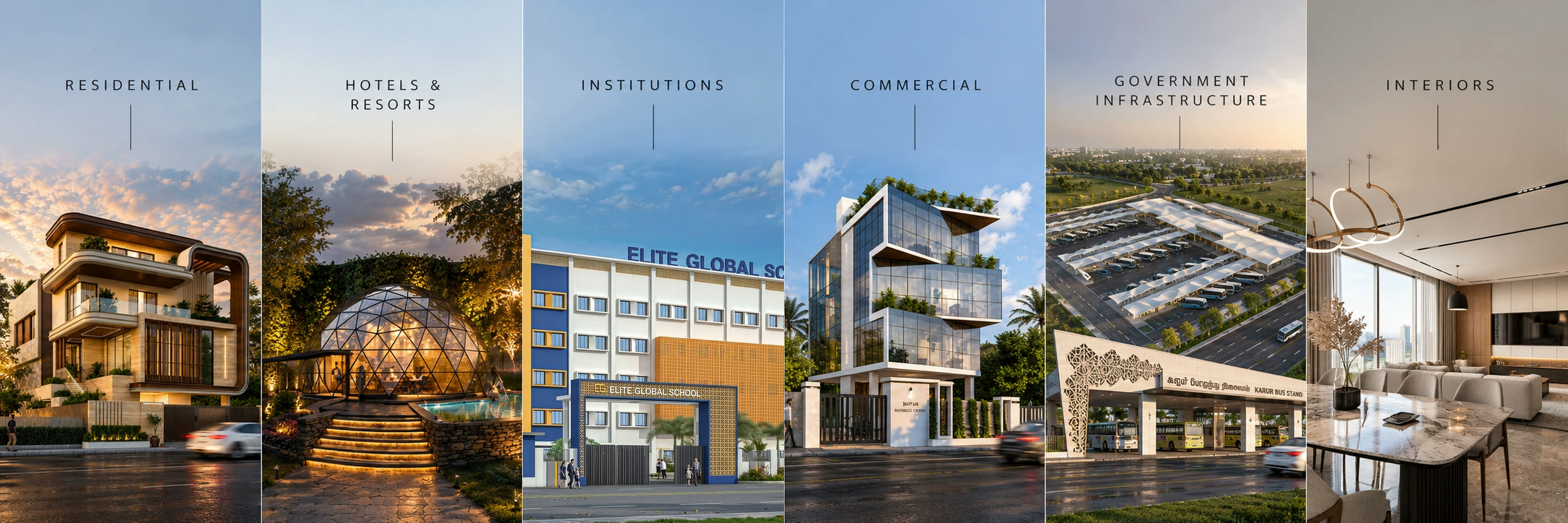 Six panels, one for each sector the practice builds in: residential, hotels and resorts, institutions, commercial, government infrastructure and interiors