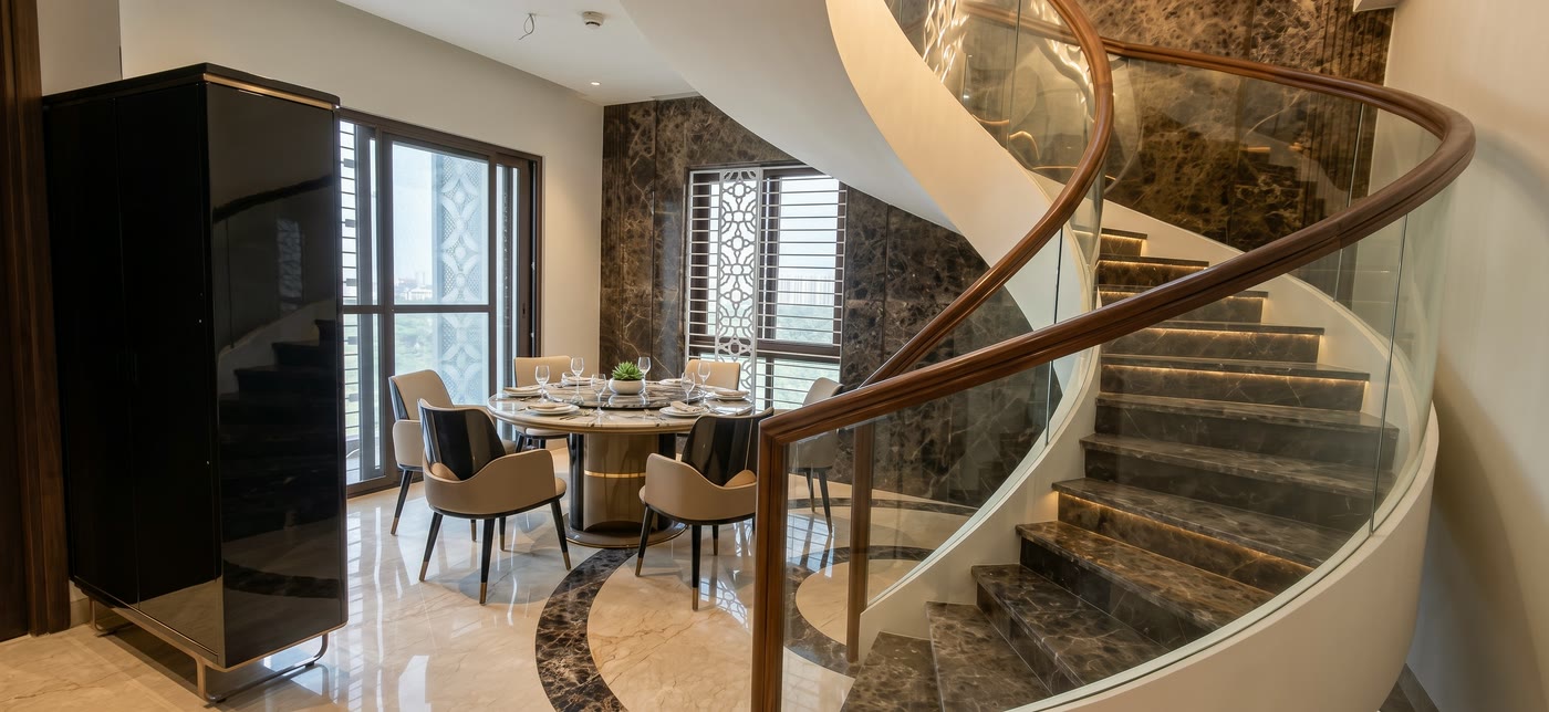 Firdouse @ Seven Wells, dining room and spiral stair