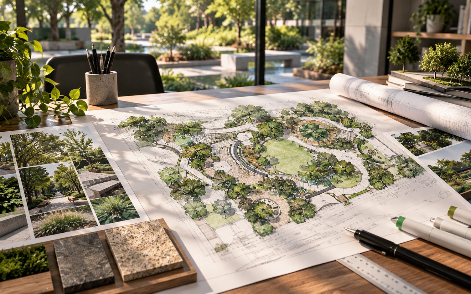 A landscape master plan laid out beside planting studies and stone samples