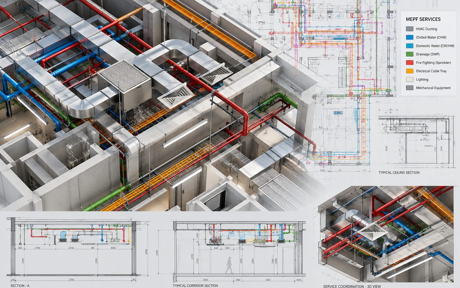 A coordinated MEPF services model with ducting, chilled water, drainage, sprinkler and cable tray routes, beside ceiling and corridor sections