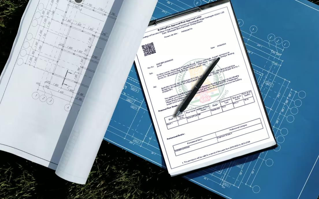 A building plan approval letter on a clipboard over blueprints