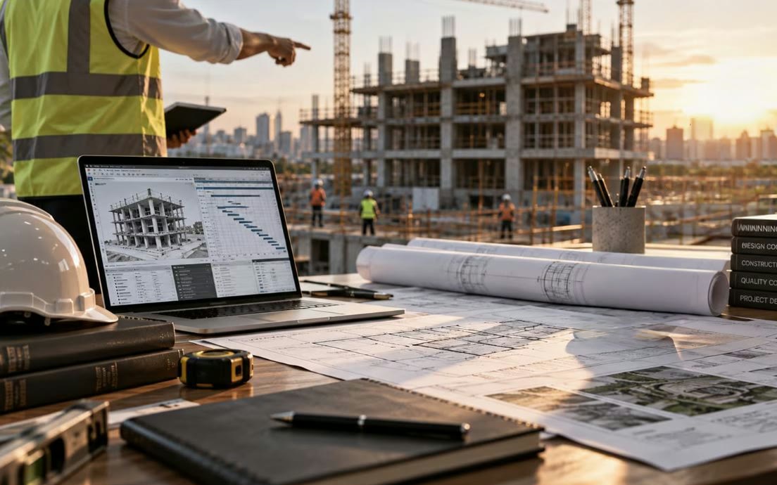 A site table with drawings and a laptop schedule, a building frame rising behind