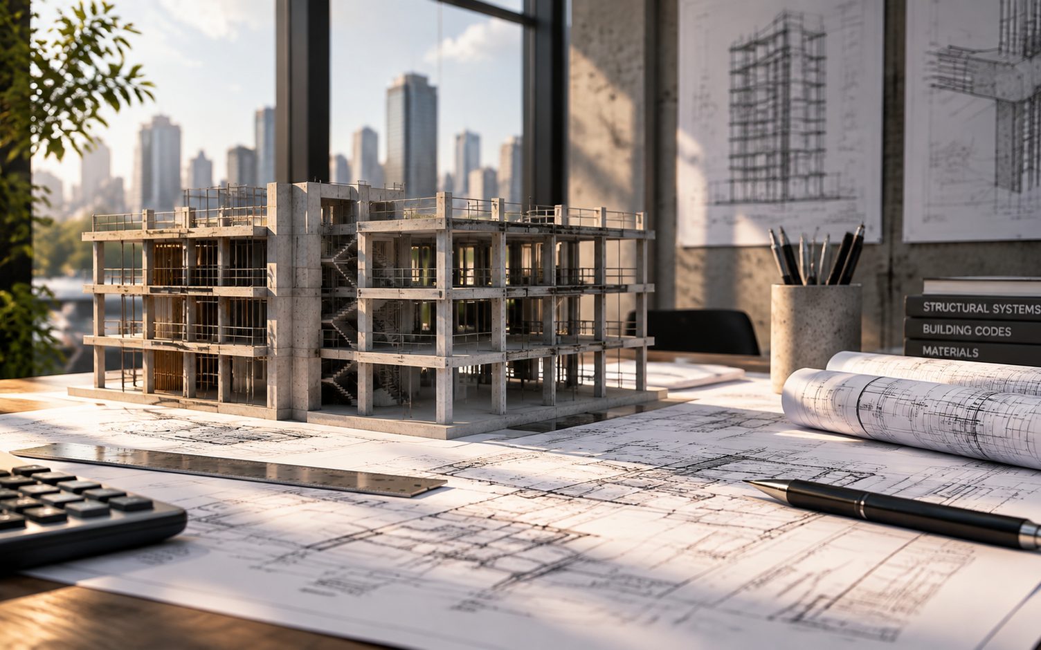 A scale model of a concrete building frame on a desk of structural drawings