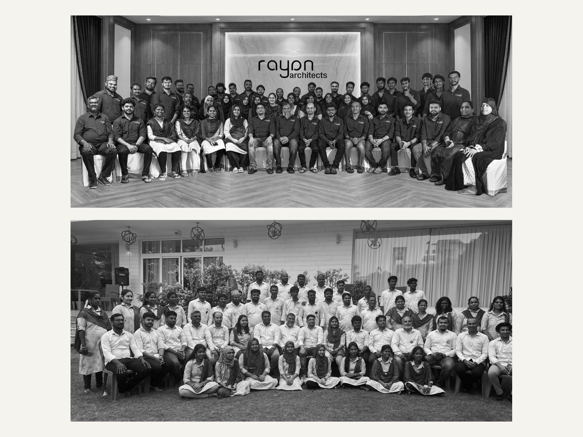 Two black and white photographs of the full Rayan Architects studio, one in the office reception and one on the lawn